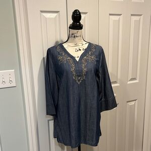 Chico's Dark Blue Tunic with Embellished Neckline